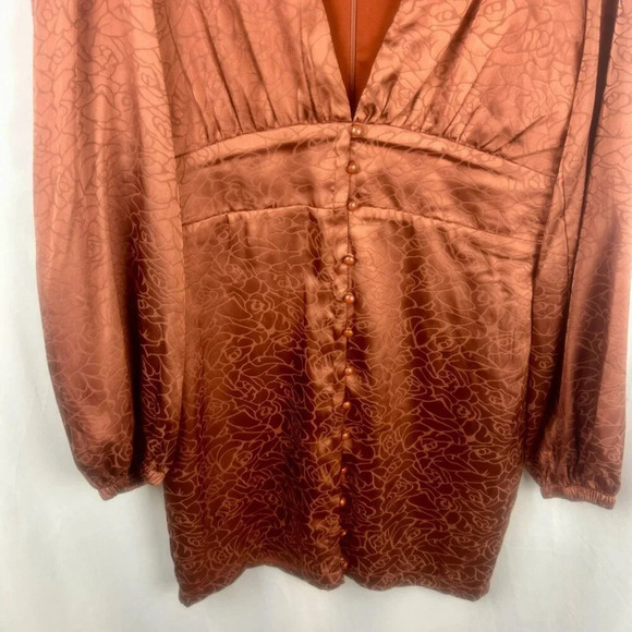 NEW Bebe Satin Button Up Jacquard Mini Dress Women Medium Copper Rust‎ Orange - Picture 7 of 10